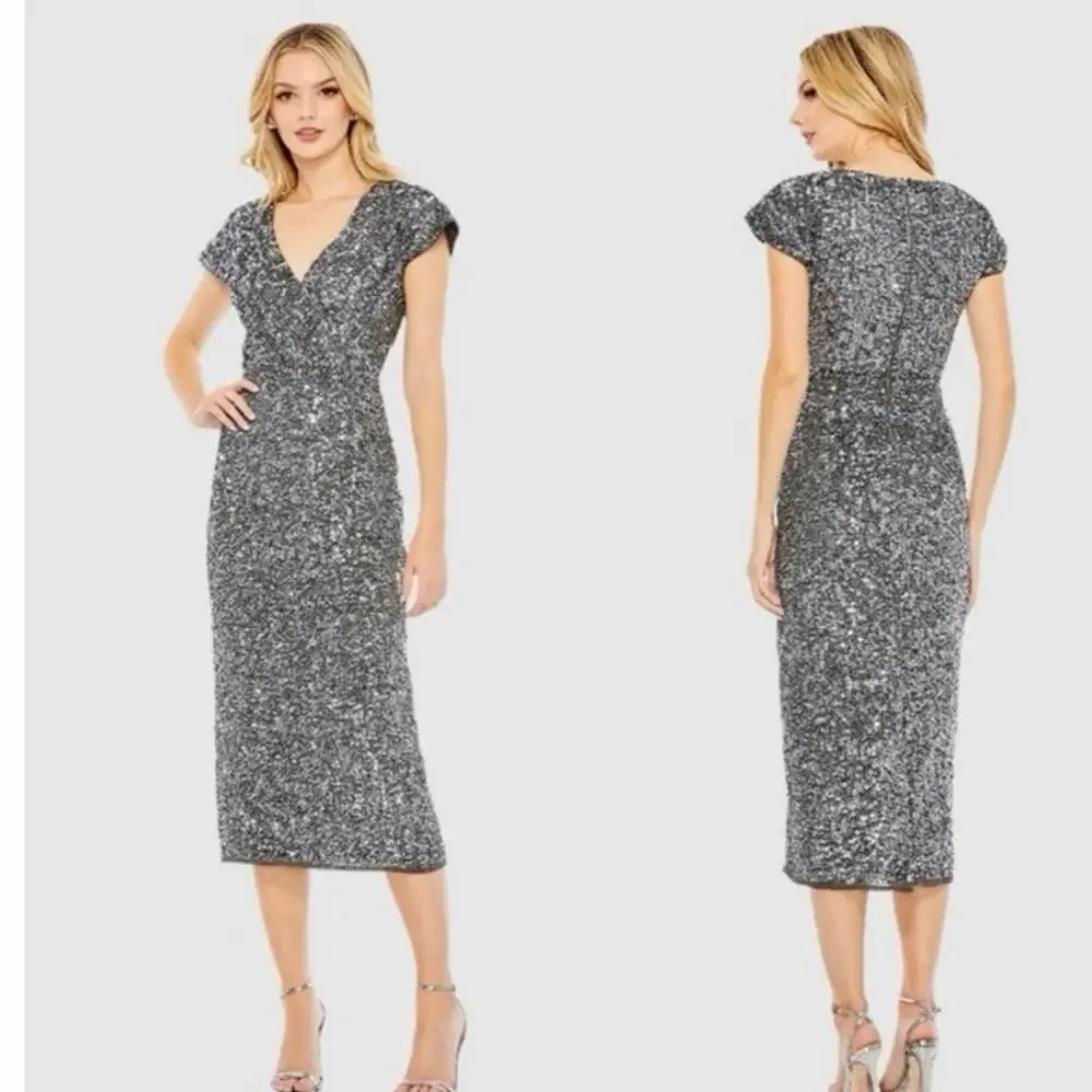 NEW with Tags Mac Duggal Platinum 10766 Sequin Midi Dress, Size 4, MSRP $498